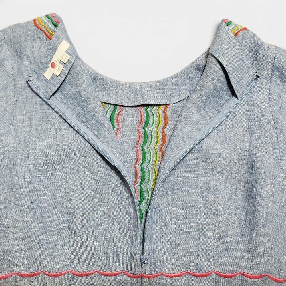 Boden Laura Linen Embroidered Shift Dress Chambray Blue Rainbow Multicolor 10R - Picture 6 of 13